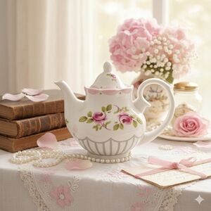 J. Godings Floral Teapot with Pink Roses, CoquetteCore, CottageCore